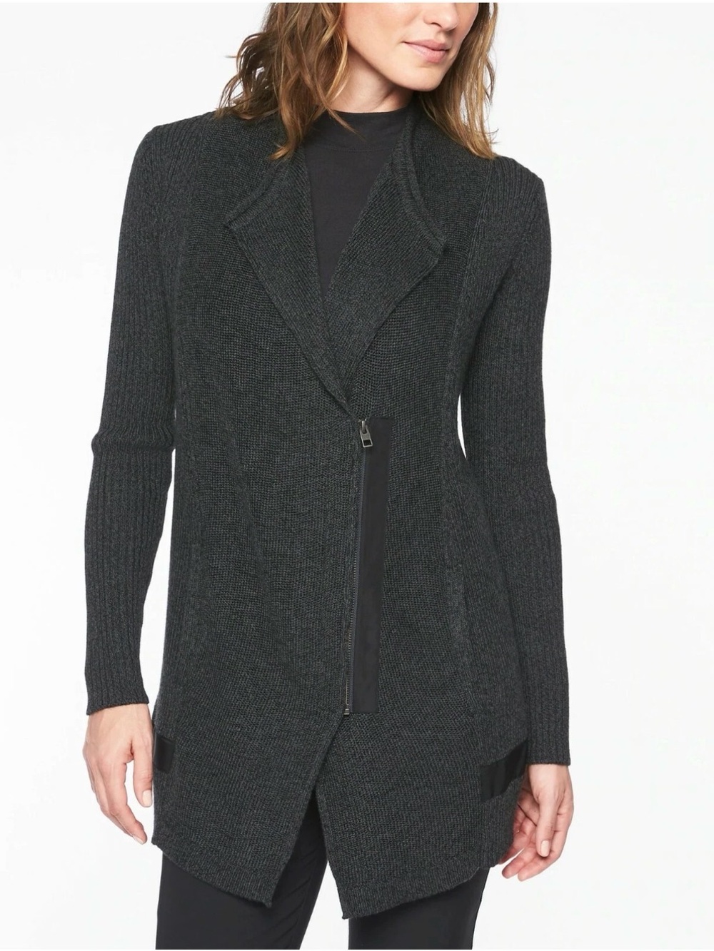 Athleta Sentinel Sweater small black Moto Wrap Merino Wool Blend Jacket cardigan
